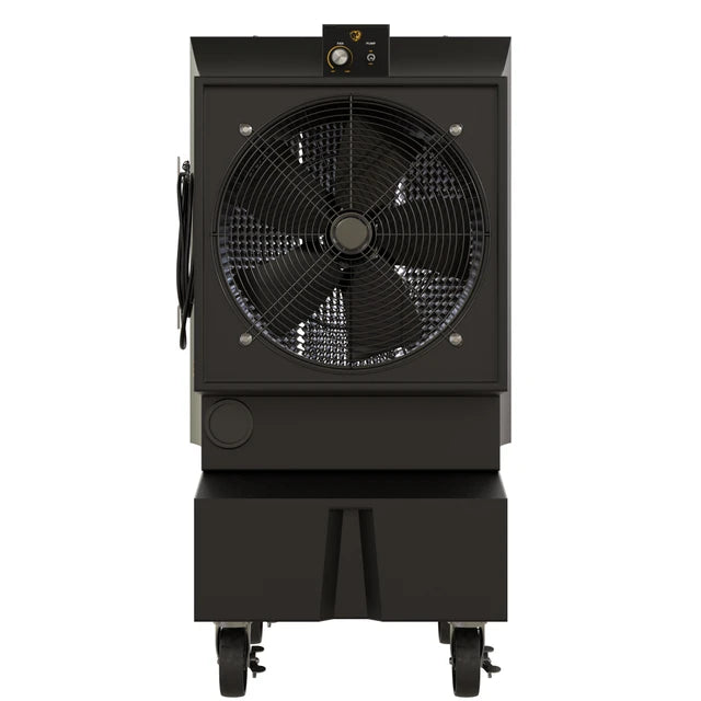 A black industrial mobile air conditioner or cooler with a large front-facing fan, mounted on a wheeled base, shown against a plain white background.