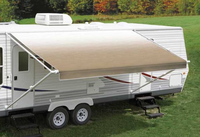 Carefree Fiesta 15'W x 8'Ext. Camel Shale Fade Vinyl Manual RV Patio Awning Roller Assembly with White Vinyl Weather Shield • EA156B00