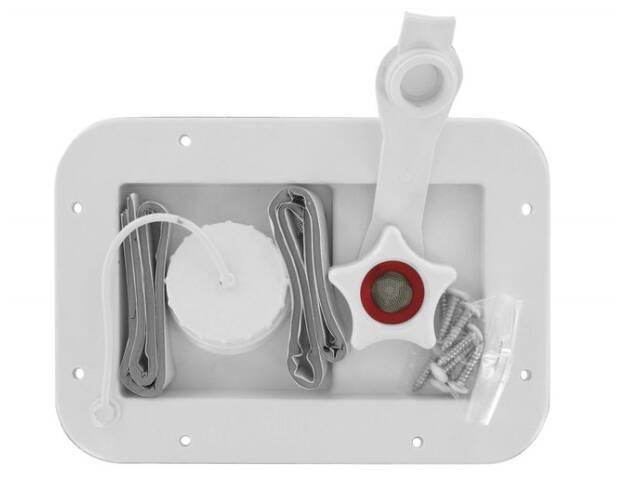 Valterra White Gravity/City Water Hatch & 1/2" MPT Plastic Check Valve, 5-5/16" H x 7-9/16" W • A01-2001VP