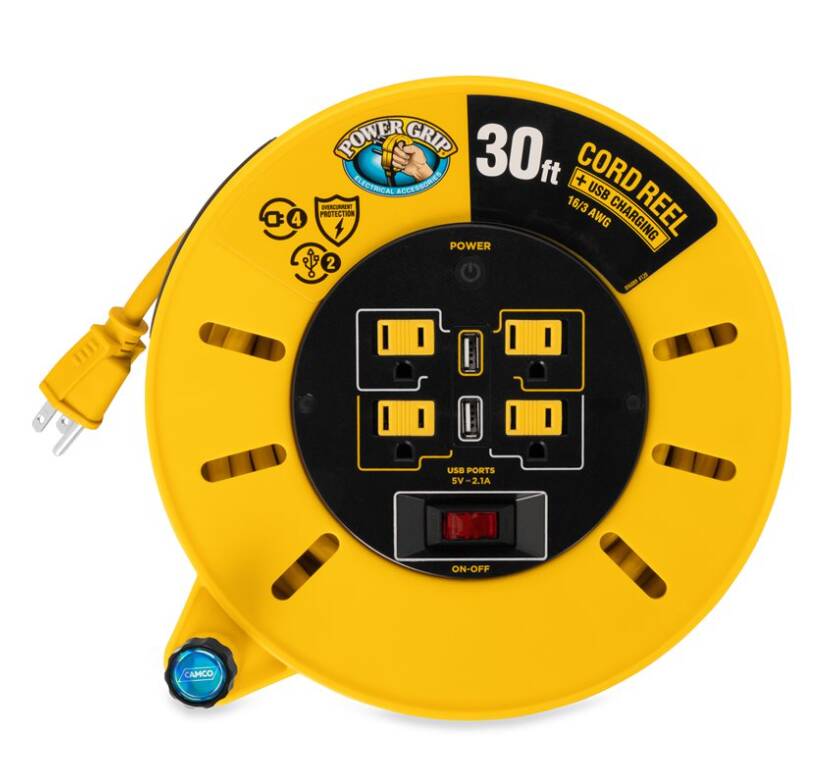 Camco Power Grip 30-Foot Extension Cord Reel with USB Charging Ports • 55290