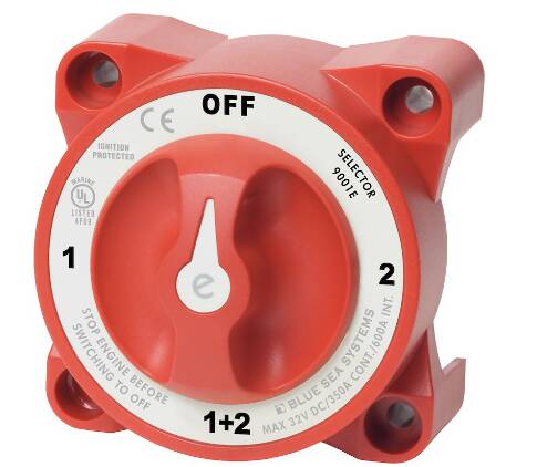 Blue Sea e-Series 32 V DC 350 A 4-Position Red Tinned Copper Selector Battery Switch • 9001E-BSS