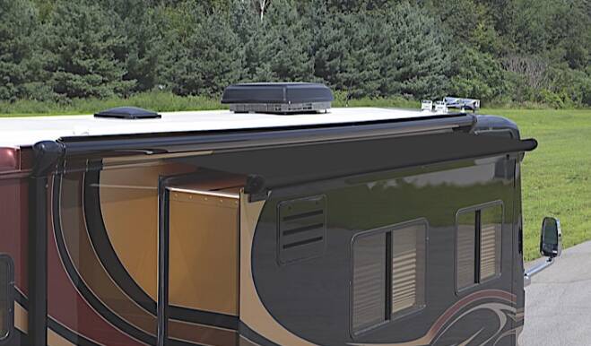 Carefree SOK III 78" - 85" Solid Black RV Slide Out Awning with Wind Deflector • UQ08562JV