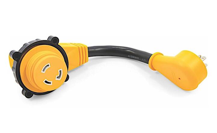 Camco Power Grip 12" Dogbone Power Adapter with Handle Grip (15A Straight Male x 30A Locking Female) • 55636