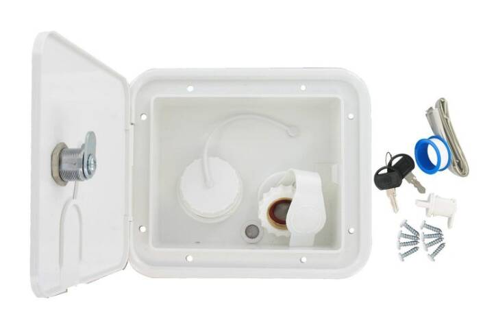 Valterra Water Inlet and Lockable Hatch for RVs - Brass - White - Gravity Fill • A01-2000VP