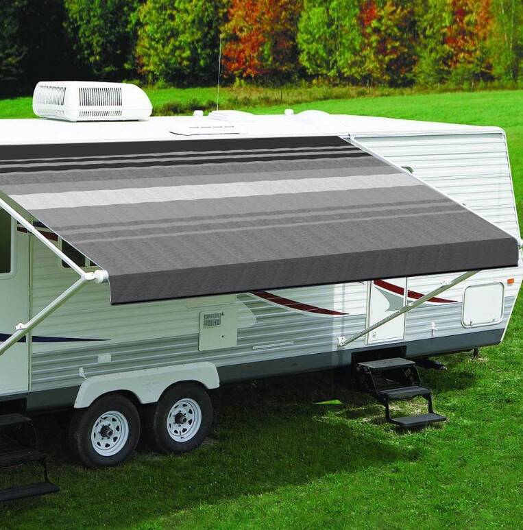 Carefree Fiesta 14'W x 8'Ext. Black & Gray Dune Stripes Vinyl Manual RV Patio Awning Roller Assembly with White Vinyl Weather Shield • EA148D00