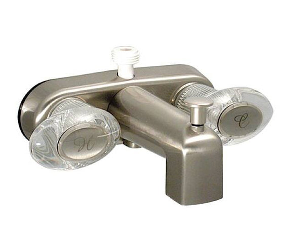 Valterra Catalina Tub/Shower RV Faucet, “D” Spud, Spout Diverter, Brushed Nickel w/ Clear Acrylic Lever Handles • PF223461