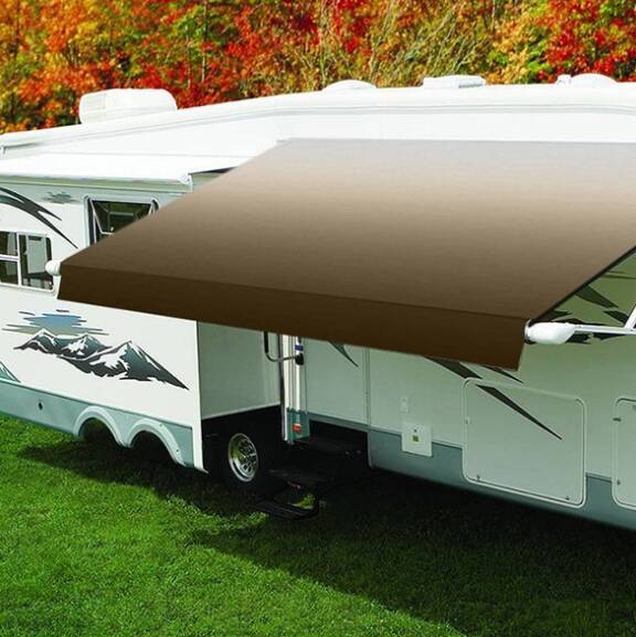 Carefree Eclipse 15'W x 8' Ext. Vinyl Fade Camel Power RV Patio Awning with White Weather Cover • QJ156B00