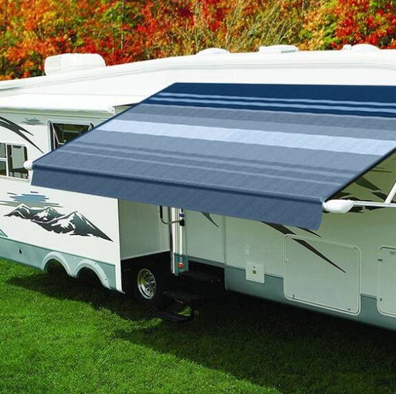 Carefree Eclipse 14'W x 8' Ext. Vinyl Striped Ocean Blue Power RV Patio Awning with White Weather Cover • QJ148E00