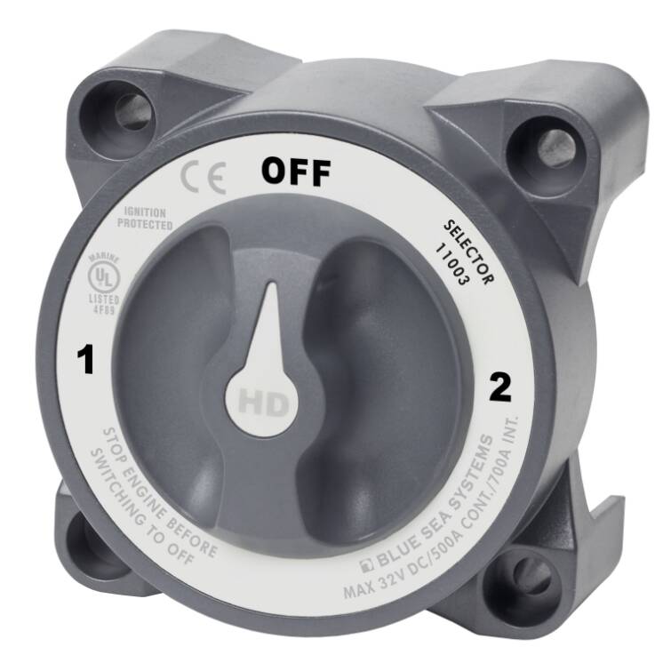 Blue Sea HD-Series 32 V DC 500 A 3-Position Gray Tinned Copper Heavy-Duty Selector Battery Switch with AFD • 11003-BSS