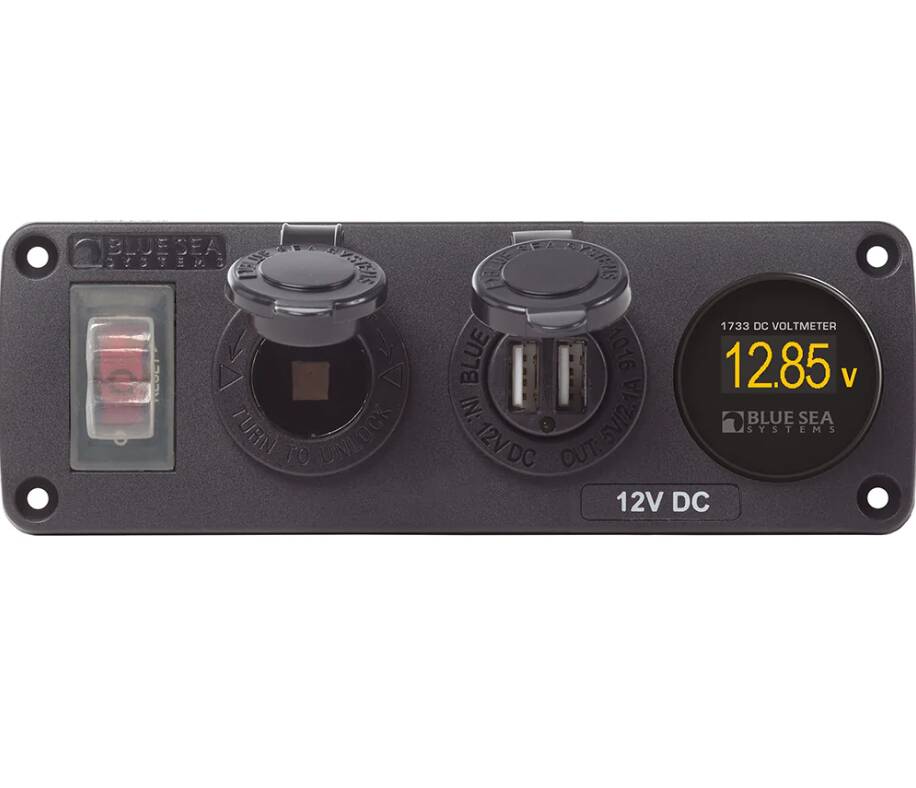 Blue Sea Water Resistant USB Accessory Panel - Circuit Breaker, 12V Socket, Dual USB Charger, Mini Voltmeter • 4366-BSS