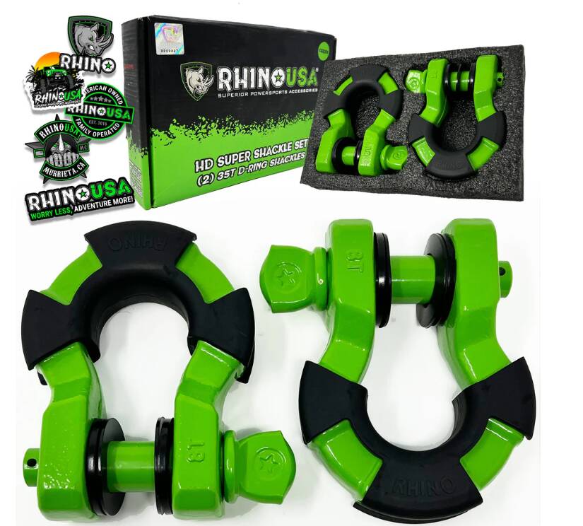 Rhino USA 8-Ton Super Shackles w/ Isolators, Green • SUPERSHACK-GRN