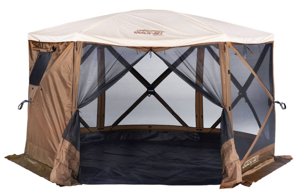 Quick-Set Escape Sky Camper 6-Sided Screen Shelter with Screen Roof/Rain Fly/Wind Panels/Floor, Brown • 12874