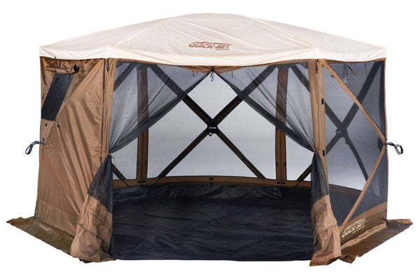 Quick-Set Escape Sky Camper 6-Sided Screen Shelter with Screen Roof/Rain Fly/Wind Panels/Floor, Brown • 12874