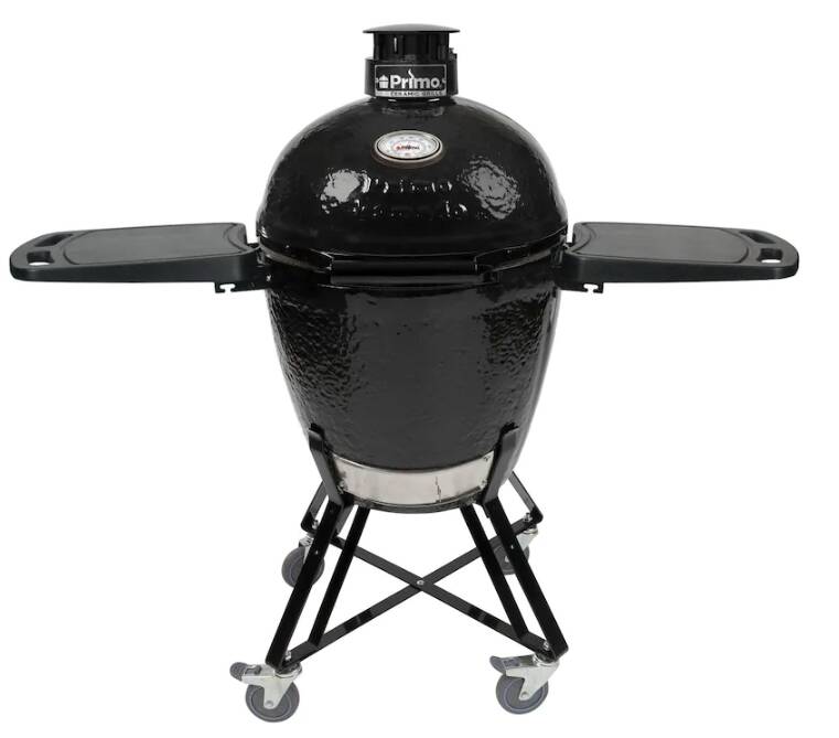 Primo All-In-One Large Round Ceramic Kamado Grill With Cradle & Side Shelves • PGCRC