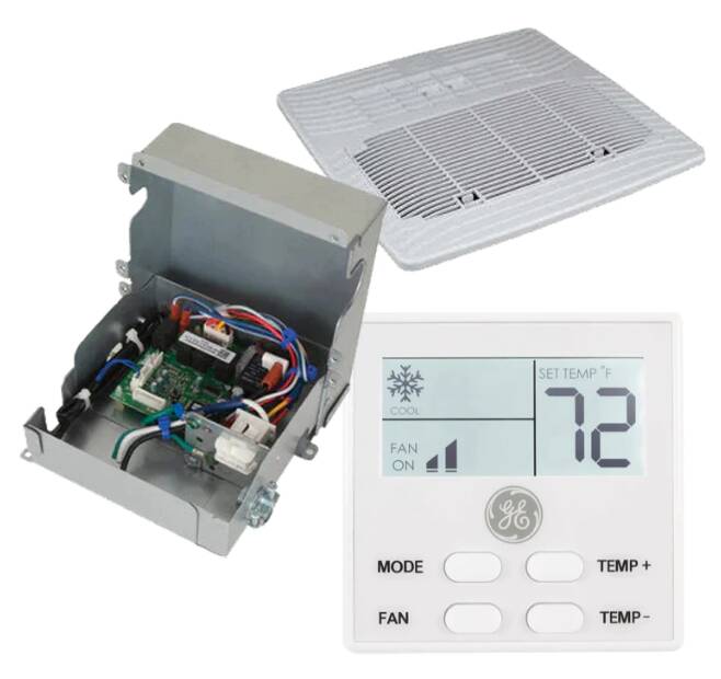 GE Appliances Ducted Upgrade Kit w/ Ceiling Assembly, Control Box, and White Thermostat • RVAC-DKITW