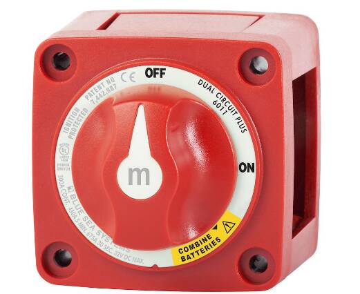 Blue Sea M-Series Mini Plus 32 V DC 300 A 3-Position Red Tinned Copper 2-Circuit Battery Switch • 6011-BSS