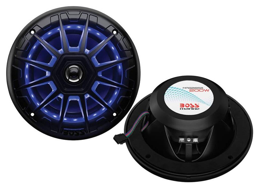 BOSS 6.5" Marine Speakers - Weatherproof, 200 W/Pair, Multi-Color Illumination, 2 Way, Pair • MRGB65B