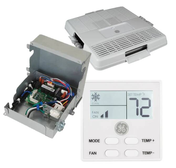 GE Appliances Non-Ducted Upgrade Kit w/ Ceiling Assembly, Control Box, and White Thermostat • RVAC-NKITW