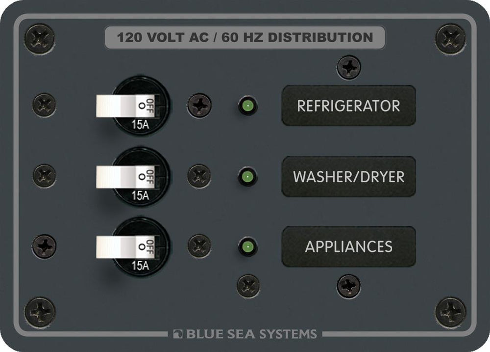 Blue Sea AC Branch Circuit Breaker Panel, 120VAC, 3 Position • 8058-BSS