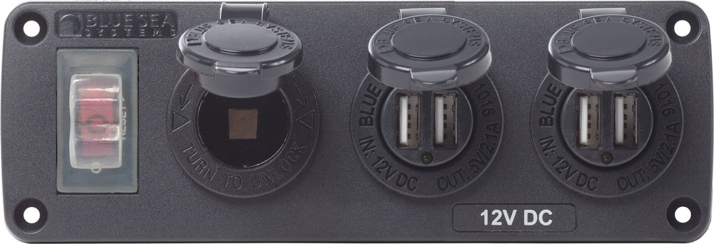 Blue Sea Water Resistant USB Accessory Panel - 15A Circuit Breaker, 12V Socket, 2x 2.1A Dual USB Chargers • 4365-BSS