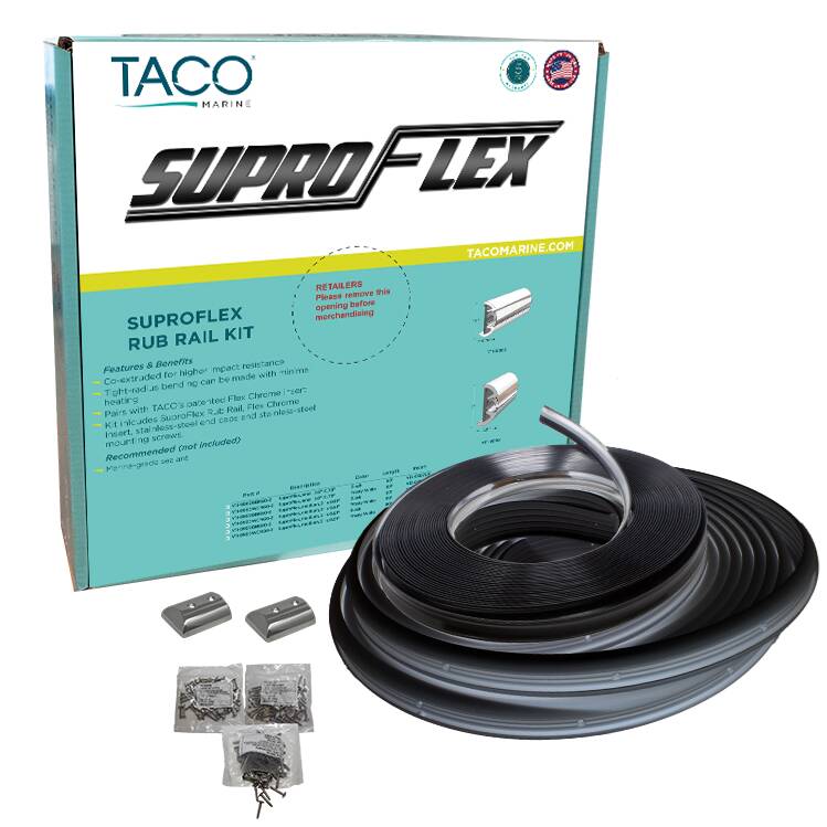 Taco Suproflex 60' L x 1-19/32" H x 25/32" T Black Small Rub Rail Kit with Flex Chrome Insert • V11-9960BBK60-2