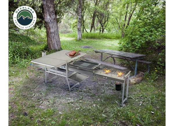 Overland Vehicle Systems Komodo Camp Kitchen - Dual Grill, Skillet, Folding Shelves, and Rocket Tower - Stainless Steel • 30100001