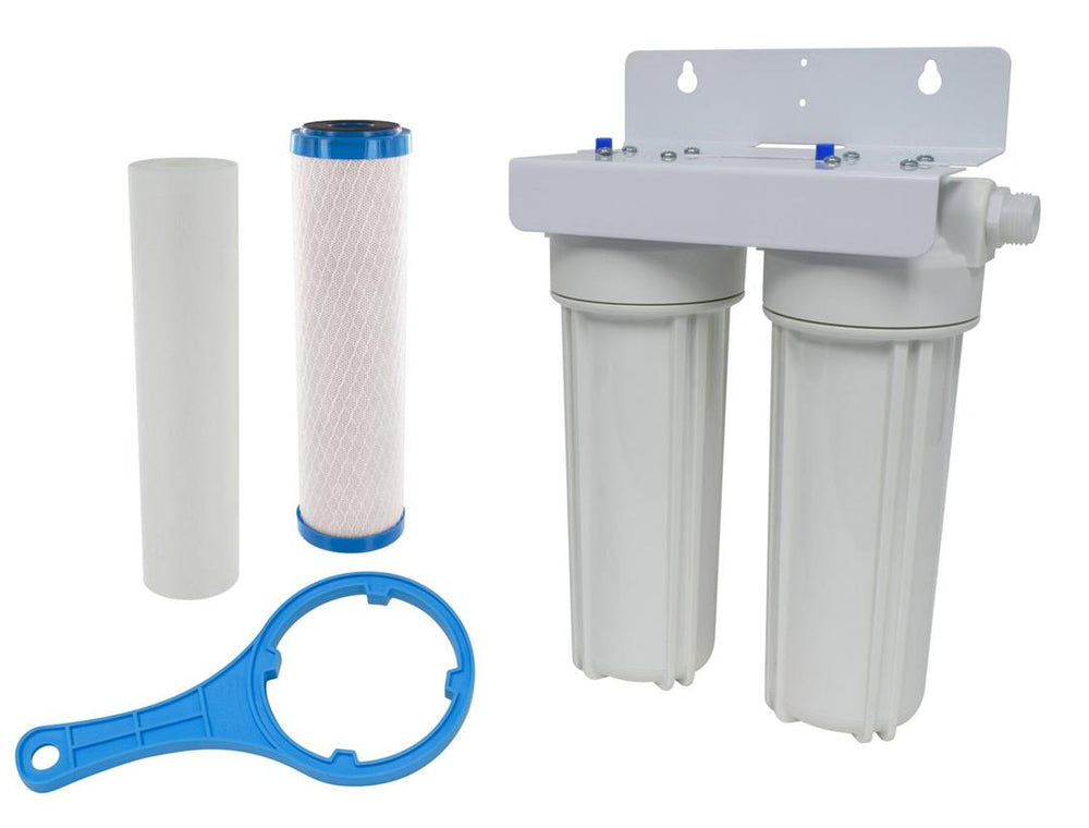 Valterra AquaFRESH Exterior Filter System, Dual Housing with Sediment Pre-Filter, Advanced Carbon Block Cartridge, Wall Bracket and Wrench • A01-1139