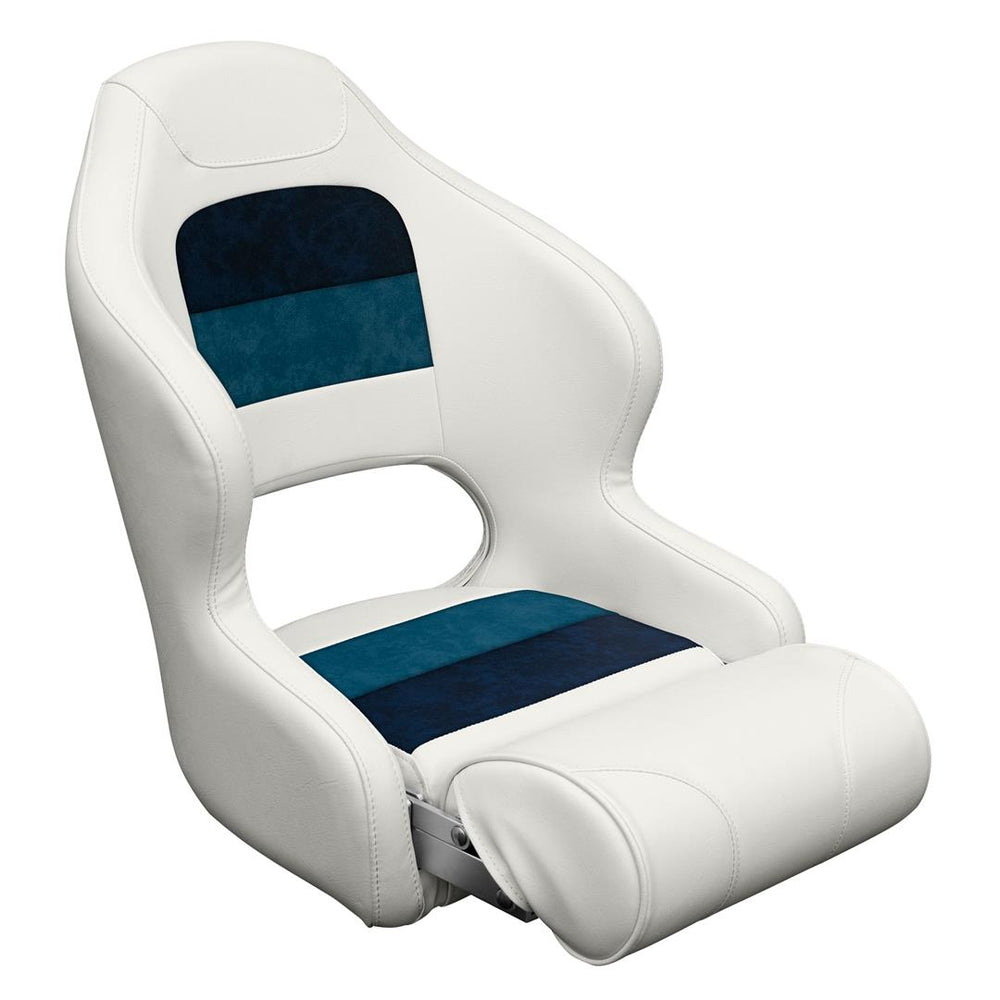 Wise Deluxe Series Pontoon Bucket Seat with Flip Up Bolster, White/Navy/Blue • 8WD3315-1008