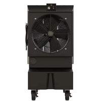 A black industrial mobile air conditioner or cooler with a large front-facing fan, mounted on a wheeled base, shown against a plain white background.