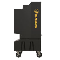 Black outdoor fan with 'Big Ass Fans' logo on a white background