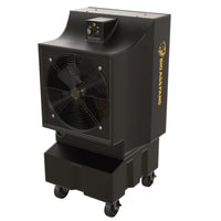Black industrial fan with visible brand logo on a white background
