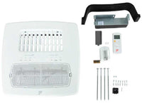 A White Ceiling Assembly for Furrion RV Air Conditioning Unit And all the control and installation accessories including Screws, Brackets, Remote, and Pins.