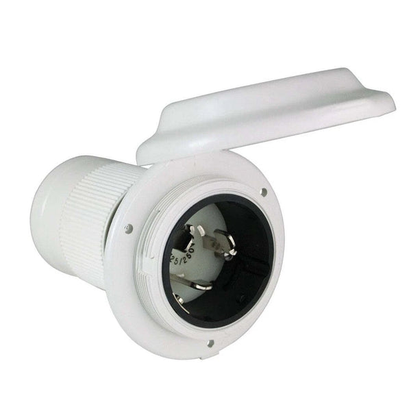 A white plastic electrical outlet or connector with a hinged cover partially open, showing internal metal contacts, on a plain white background.