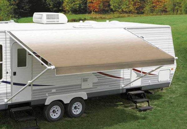 Carefree Fiesta 15'W x 8'Ext. Camel Shale Fade Vinyl Manual RV Patio Awning Roller Assembly with White Vinyl Weather Shield  • EA156B00