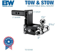B&W Tow & Stow Adjustable Tri-Ball Mount - 2" Receiver - 1 7/8", 2", 2 5/16" Ball - 5" Drop  • TS10048B