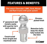 Curt OEM Puck System 3" Gooseneck Ball, Chevy, GMC, Ford, Nissan, RAM, 38K  • 60634