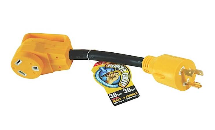 Camco L5-30 Amp Locking 3-Prong Plug / TT-30 30 Amp Standard Receptacle Power Grip Generator Adapter - 12"  • 55272