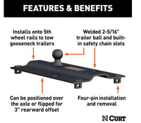 Curt Bent Plate 5th Wheel Rail Gooseneck Hitch w/ 2-5/16" Ball, 25K, 3" Offset  • 16055