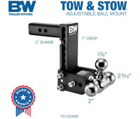 B&W  Tow & Stow Adjustable Tri-Ball Mount - 2" Receiver - 1 7/8", 2", 2 5/16" Ball - 7" Drop  • TS10049B