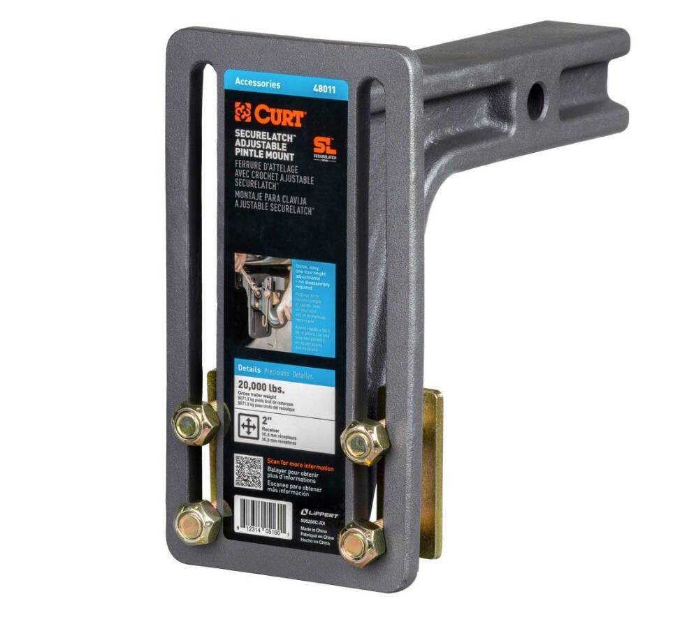 Curt SecureLatch Adjustable Pintle Mount for 2" Receivers, 20,000lb  • 48011
