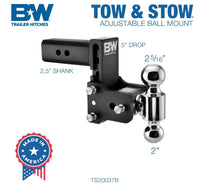B&W Tow & Stow Adjustable Dual-Ball Mount - 2.5" Receiver - 2", 2 5/16" Ball - 5" Drop  • TS20037B