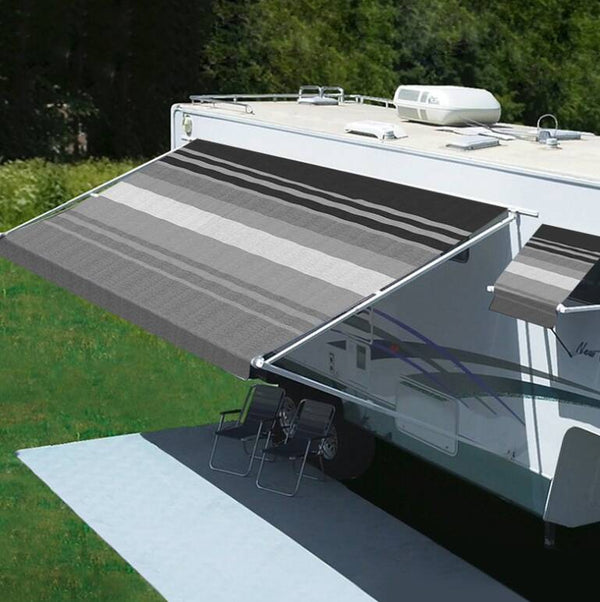 Carefree Freedom 118"W x 98"Ext. Black & Gray Dune Stripes Vinyl Manual RV Patio Awning with White Case  • 351188D25