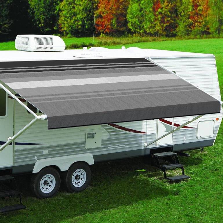 Carefree Fiesta 12'W x 8'Ext. Black & Gray Dune Stripes Vinyl Manual RV Patio Awning Roller Assembly with White Vinyl Weather Shield  • EA128D00