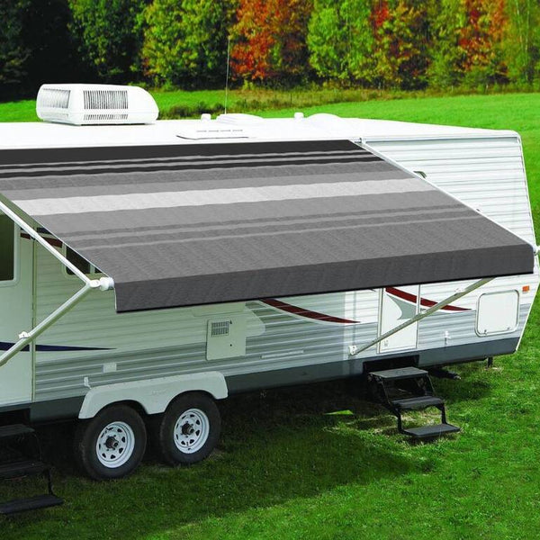 Carefree Fiesta 12'W x 8'Ext. Black & Gray Dune Stripes Vinyl Manual RV Patio Awning Roller Assembly with White Vinyl Weather Shield  • EA128D00