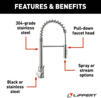 Lippert Flow Max Coiled Pull-Down RV Kitchen Faucet - Stainless Steel  • 719323