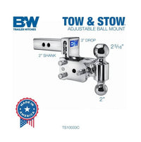 B&W Tow & Stow Adjustable Dual-Ball Mount - Chrome - 2" Receiver - 2", 2 5/16" Ball - 3" Drop  • TS10033C
