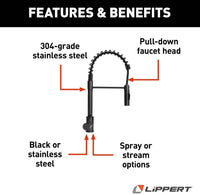 Lippert Flow Max Coiled Pull-Down RV Kitchen Faucet - Black Matte  • 2021090598