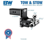 B&W Tow & Stow Adjustable Tri-Ball Mount - 3" Receiver - 1 7/8", 2", 2 5/16" Ball - 5" Drop  • TS30048B