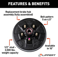 Lippert 10" RV Brake Drum Hub Assembly for 3,500-lb. Axle - 5 on 4.5", 1/2" Stud, Fully Assembled  • 814200