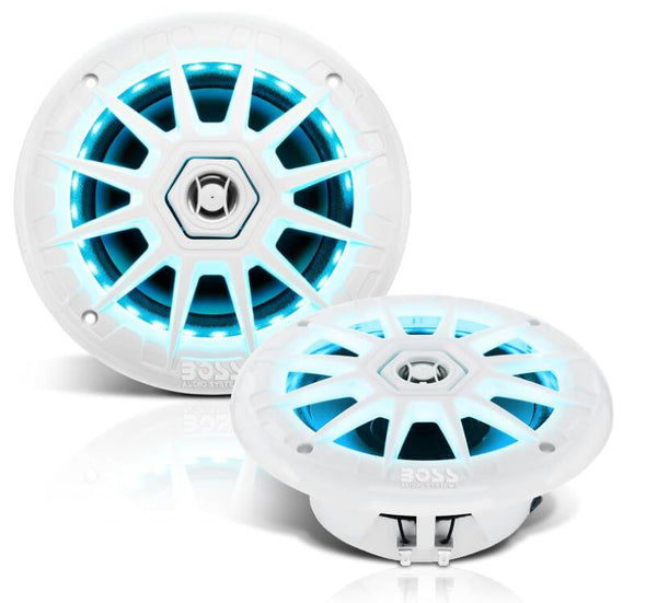 BOSS 6.5" Marine Stereo Speakers - Weatherproof, 200 Watts, Multi-Color Illumination, Full Range, 2 Way, Pair, White  • MRGB65